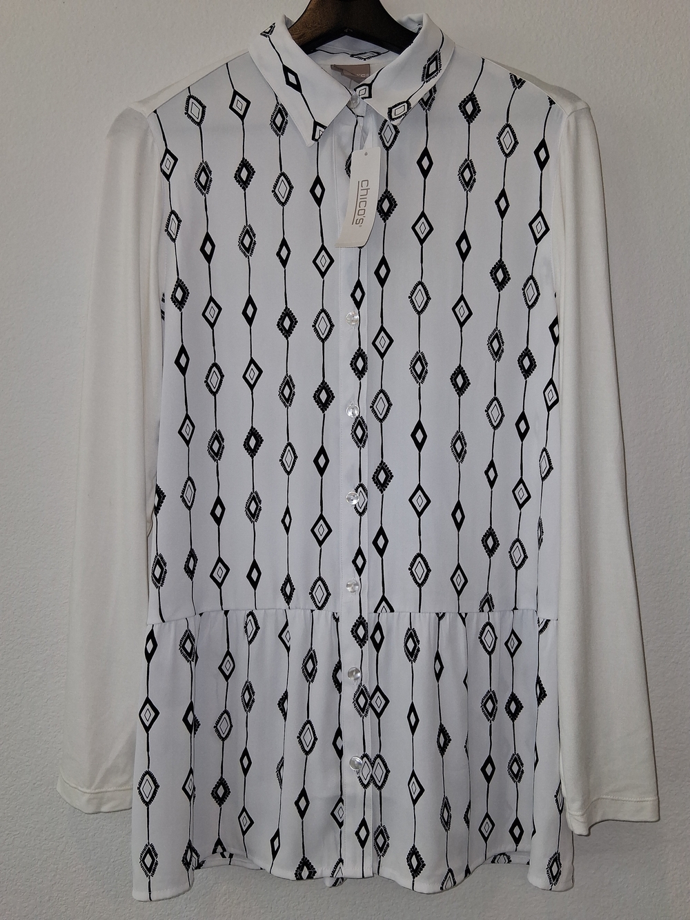 Chico's White and Black Geometric Button-Front Peplum Blouse